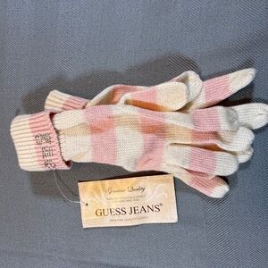 Guess Jeans Striped Knit Gloves Blush Milk Rhinestone Logo Cashmere Blend 2258